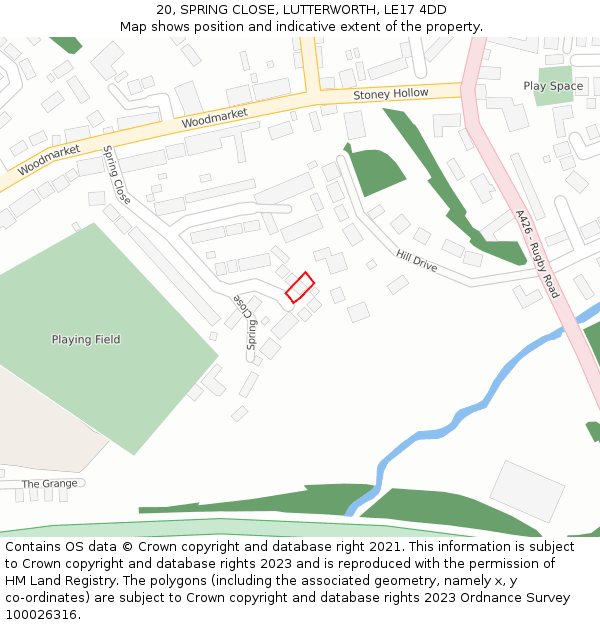 20, SPRING CLOSE, LUTTERWORTH, LE17 4DD: Location map and indicative extent of plot