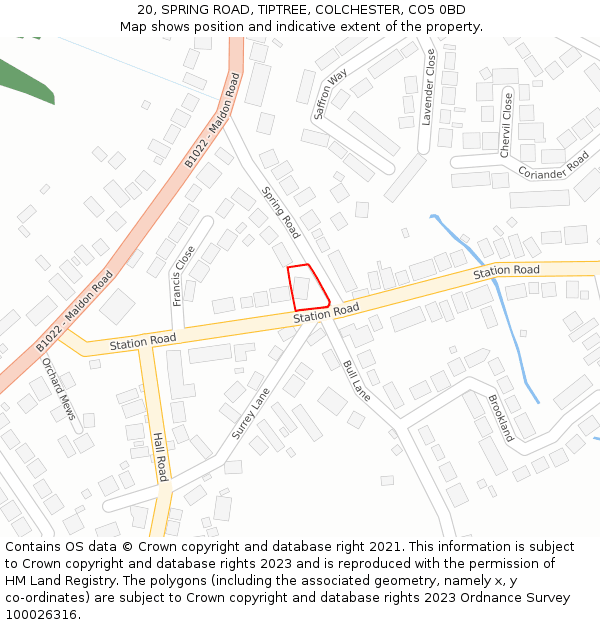 20, SPRING ROAD, TIPTREE, COLCHESTER, CO5 0BD: Location map and indicative extent of plot