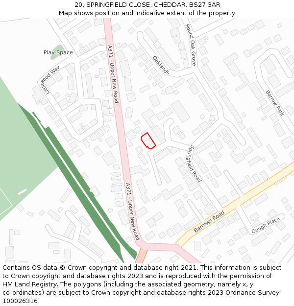 20, SPRINGFIELD CLOSE, CHEDDAR, BS27 3AR: Location map and indicative extent of plot