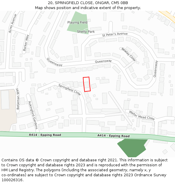 20, SPRINGFIELD CLOSE, ONGAR, CM5 0BB: Location map and indicative extent of plot