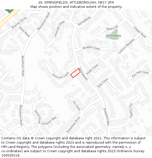 20, SPRINGFIELDS, ATTLEBOROUGH, NR17 2PA: Location map and indicative extent of plot