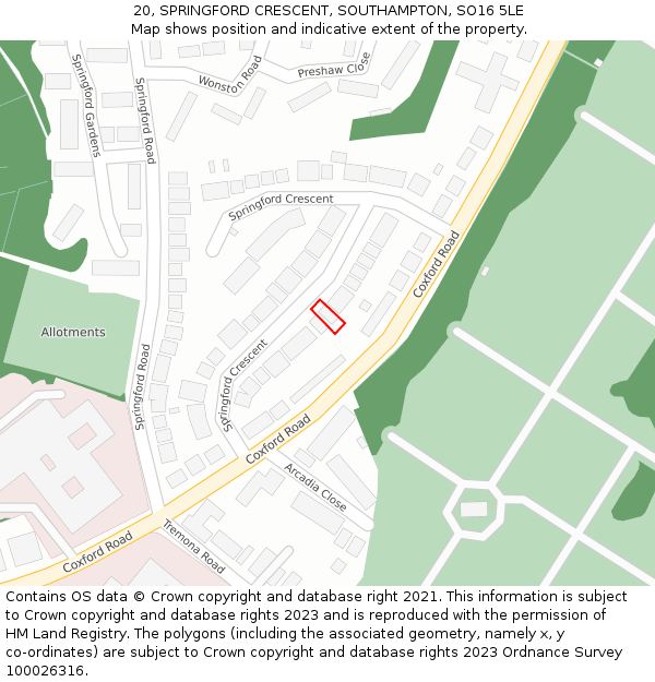 20, SPRINGFORD CRESCENT, SOUTHAMPTON, SO16 5LE: Location map and indicative extent of plot