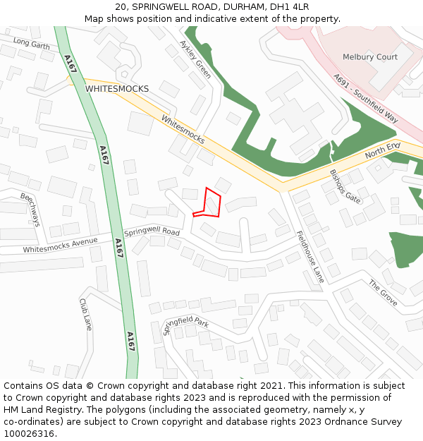 20, SPRINGWELL ROAD, DURHAM, DH1 4LR: Location map and indicative extent of plot