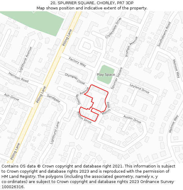 20, SPURRIER SQUARE, CHORLEY, PR7 3DP: Location map and indicative extent of plot