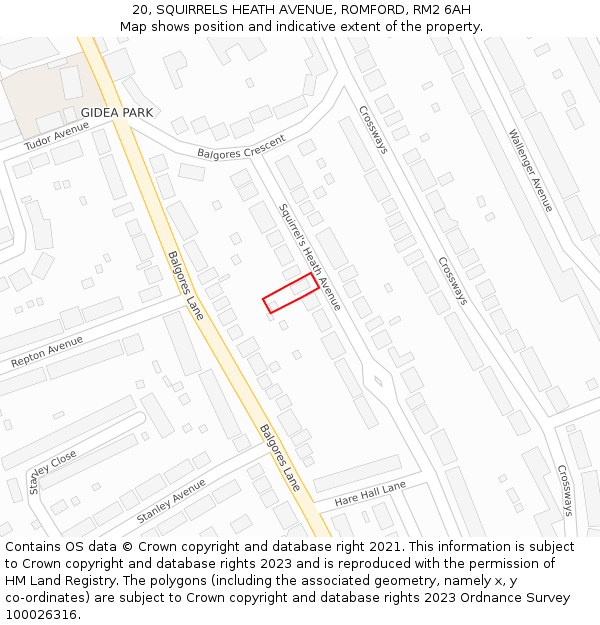 20, SQUIRRELS HEATH AVENUE, ROMFORD, RM2 6AH: Location map and indicative extent of plot