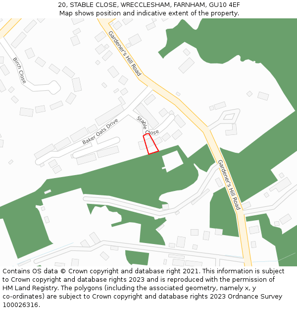20, STABLE CLOSE, WRECCLESHAM, FARNHAM, GU10 4EF: Location map and indicative extent of plot