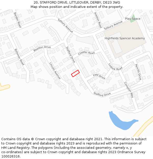 20, STAFFORD DRIVE, LITTLEOVER, DERBY, DE23 3WG: Location map and indicative extent of plot