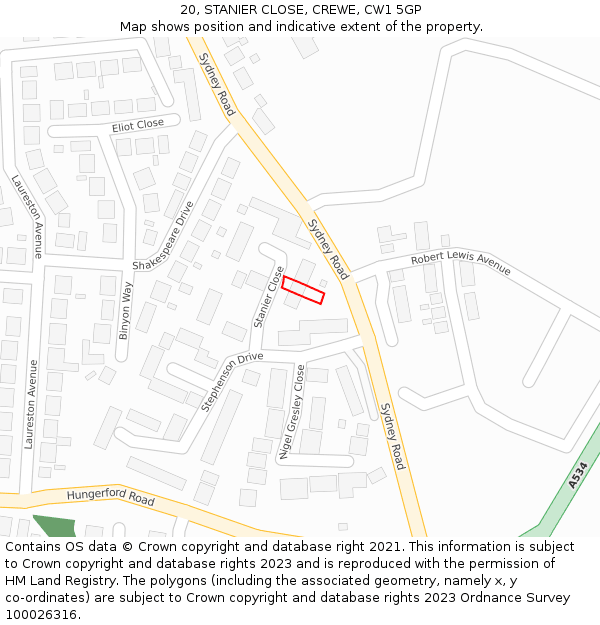 20, STANIER CLOSE, CREWE, CW1 5GP: Location map and indicative extent of plot