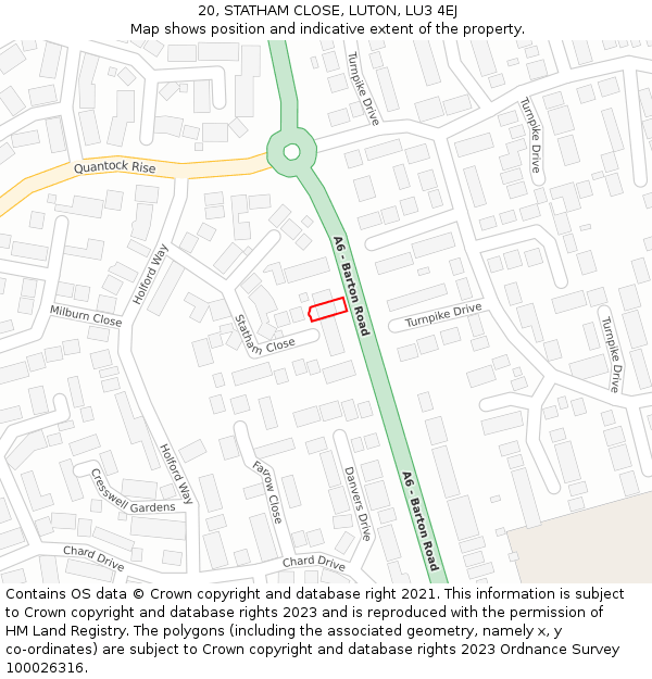 20, STATHAM CLOSE, LUTON, LU3 4EJ: Location map and indicative extent of plot