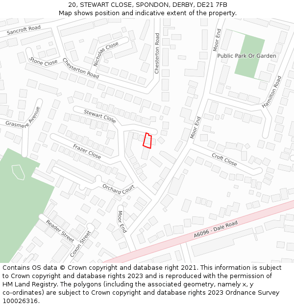 20, STEWART CLOSE, SPONDON, DERBY, DE21 7FB: Location map and indicative extent of plot