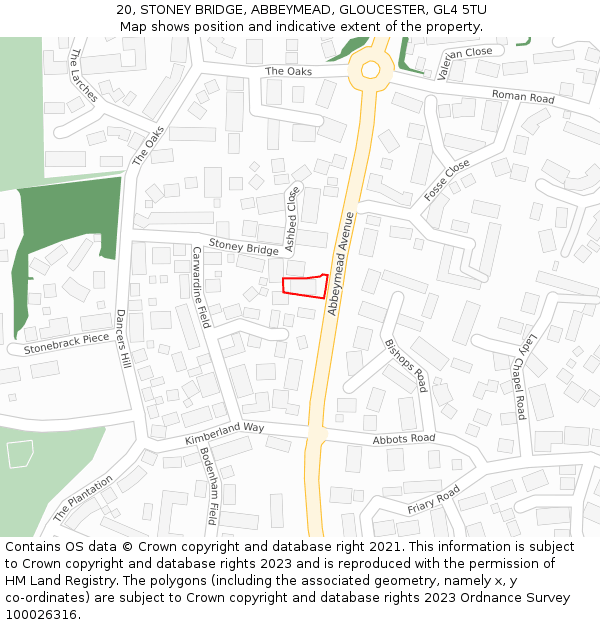 20, STONEY BRIDGE, ABBEYMEAD, GLOUCESTER, GL4 5TU: Location map and indicative extent of plot