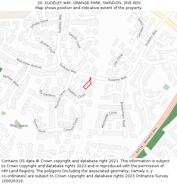 20, SUDELEY WAY, GRANGE PARK, SWINDON, SN5 6EN: Location map and indicative extent of plot