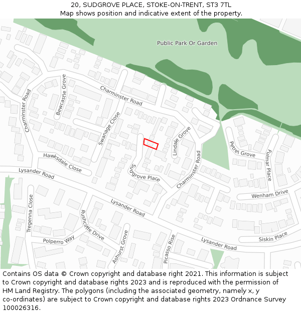 20, SUDGROVE PLACE, STOKE-ON-TRENT, ST3 7TL: Location map and indicative extent of plot