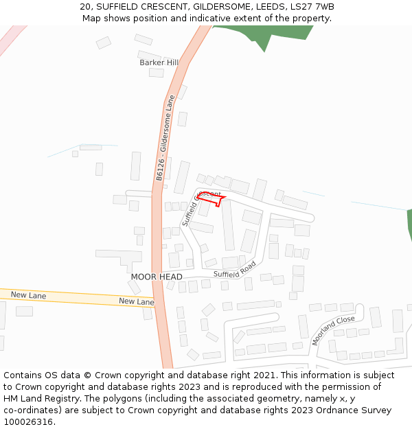 20, SUFFIELD CRESCENT, GILDERSOME, LEEDS, LS27 7WB: Location map and indicative extent of plot