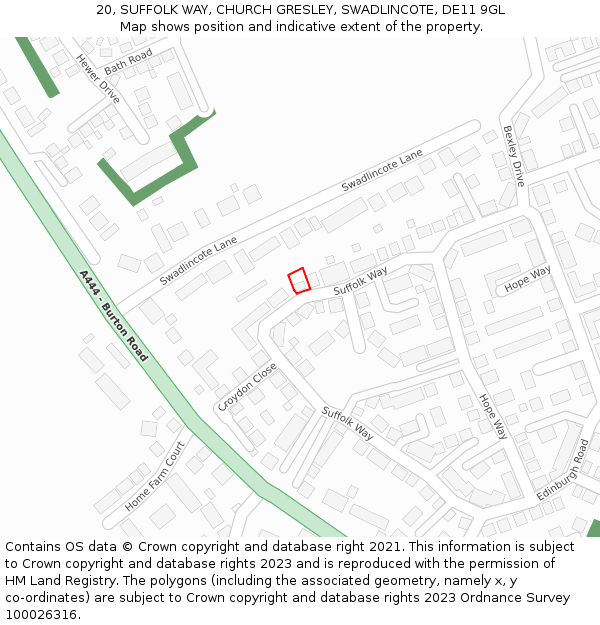 20, SUFFOLK WAY, CHURCH GRESLEY, SWADLINCOTE, DE11 9GL: Location map and indicative extent of plot