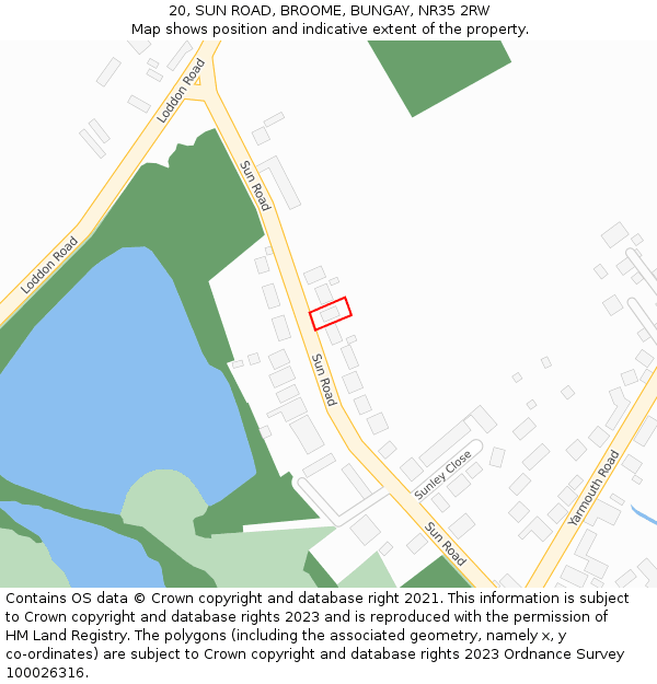 20, SUN ROAD, BROOME, BUNGAY, NR35 2RW: Location map and indicative extent of plot