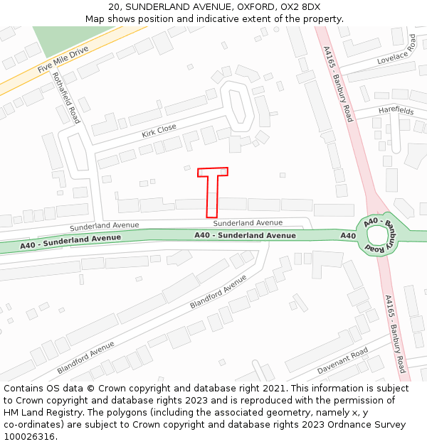 20, SUNDERLAND AVENUE, OXFORD, OX2 8DX: Location map and indicative extent of plot