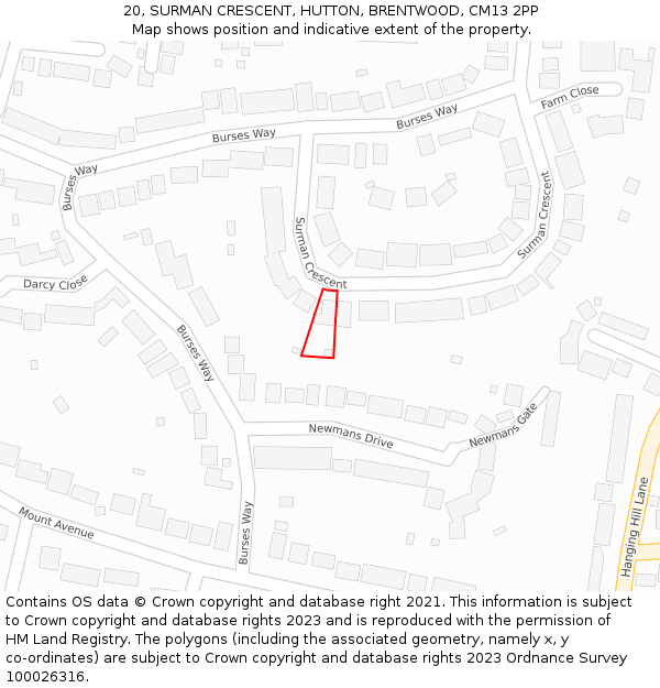 20, SURMAN CRESCENT, HUTTON, BRENTWOOD, CM13 2PP: Location map and indicative extent of plot