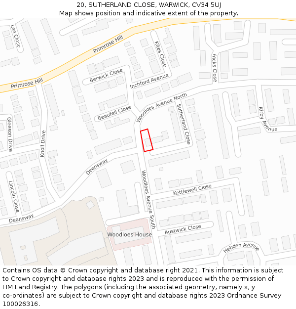 20, SUTHERLAND CLOSE, WARWICK, CV34 5UJ: Location map and indicative extent of plot