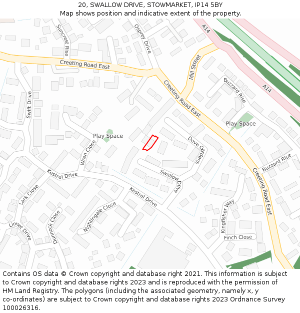 20, SWALLOW DRIVE, STOWMARKET, IP14 5BY: Location map and indicative extent of plot