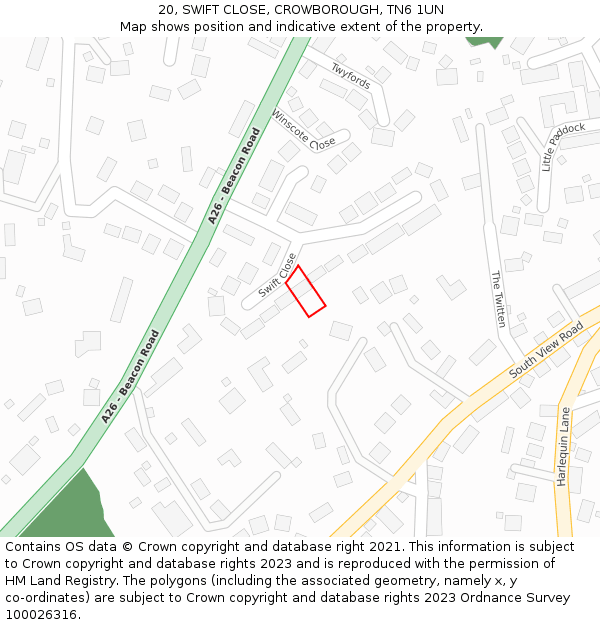 20, SWIFT CLOSE, CROWBOROUGH, TN6 1UN: Location map and indicative extent of plot