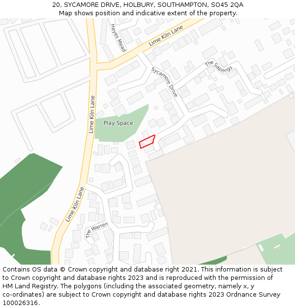20, SYCAMORE DRIVE, HOLBURY, SOUTHAMPTON, SO45 2QA: Location map and indicative extent of plot
