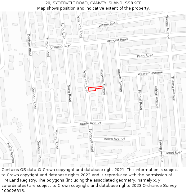 20, SYDERVELT ROAD, CANVEY ISLAND, SS8 9EF: Location map and indicative extent of plot