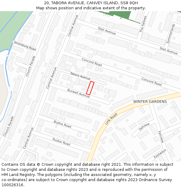 20, TABORA AVENUE, CANVEY ISLAND, SS8 9QH: Location map and indicative extent of plot