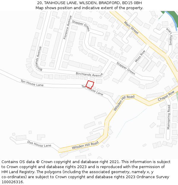 20, TANHOUSE LANE, WILSDEN, BRADFORD, BD15 0BH: Location map and indicative extent of plot