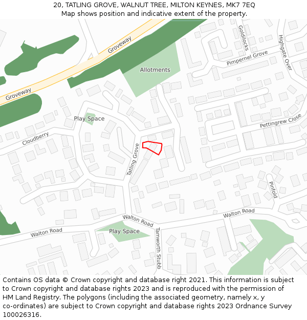 20, TATLING GROVE, WALNUT TREE, MILTON KEYNES, MK7 7EQ: Location map and indicative extent of plot