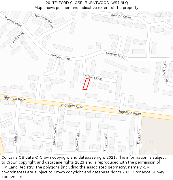 20, TELFORD CLOSE, BURNTWOOD, WS7 9LQ: Location map and indicative extent of plot