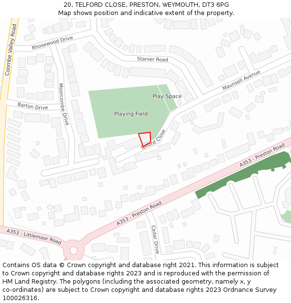 20, TELFORD CLOSE, PRESTON, WEYMOUTH, DT3 6PG: Location map and indicative extent of plot