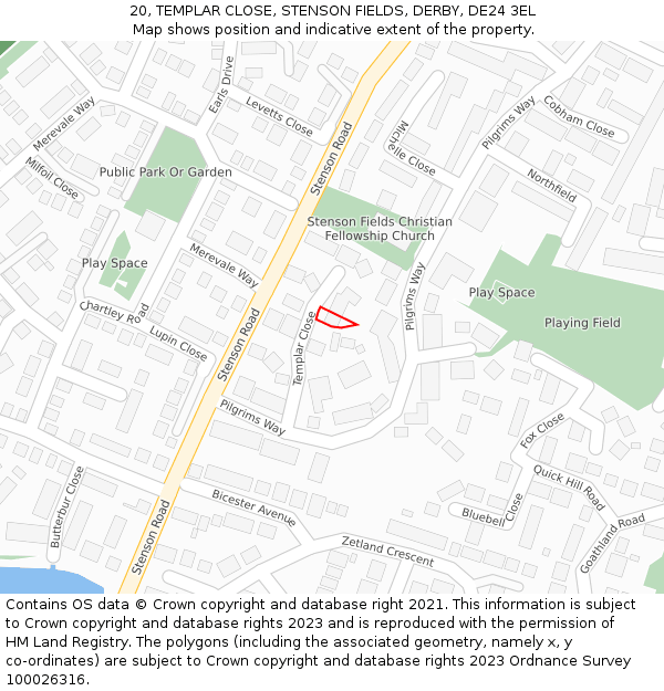 20, TEMPLAR CLOSE, STENSON FIELDS, DERBY, DE24 3EL: Location map and indicative extent of plot