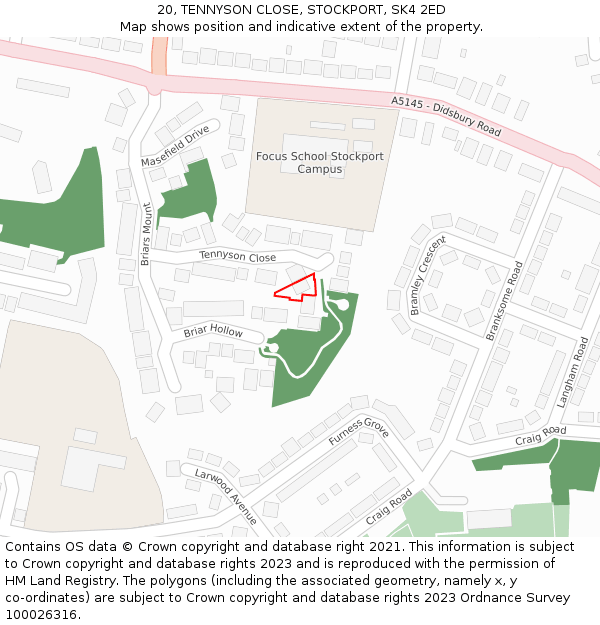 20, TENNYSON CLOSE, STOCKPORT, SK4 2ED: Location map and indicative extent of plot