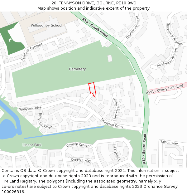 20, TENNYSON DRIVE, BOURNE, PE10 9WD: Location map and indicative extent of plot