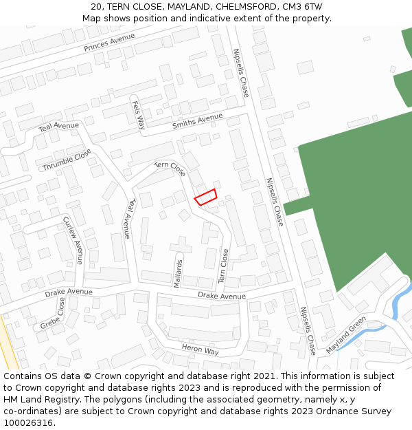 20, TERN CLOSE, MAYLAND, CHELMSFORD, CM3 6TW: Location map and indicative extent of plot