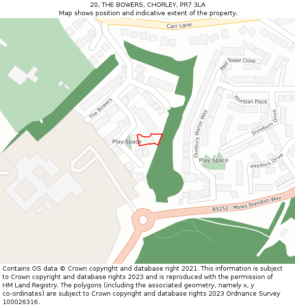 20, THE BOWERS, CHORLEY, PR7 3LA: Location map and indicative extent of plot