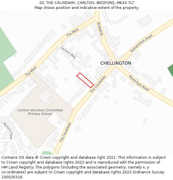 20, THE CAUSEWAY, CARLTON, BEDFORD, MK43 7LT: Location map and indicative extent of plot