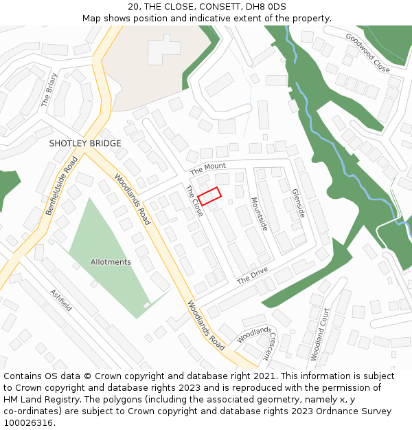 20, THE CLOSE, CONSETT, DH8 0DS: Location map and indicative extent of plot