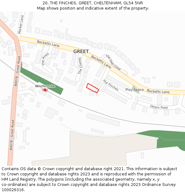 20, THE FINCHES, GREET, CHELTENHAM, GL54 5NR: Location map and indicative extent of plot