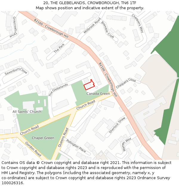 20, THE GLEBELANDS, CROWBOROUGH, TN6 1TF: Location map and indicative extent of plot