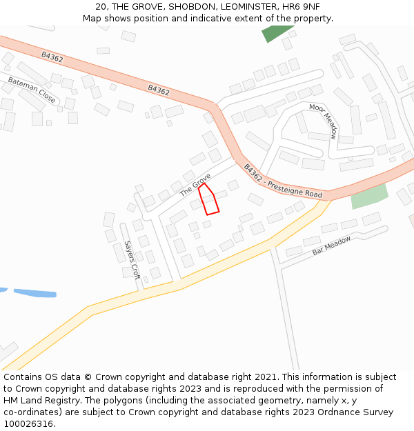 20, THE GROVE, SHOBDON, LEOMINSTER, HR6 9NF: Location map and indicative extent of plot