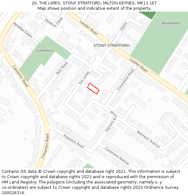 20, THE LIMES, STONY STRATFORD, MILTON KEYNES, MK11 1ET: Location map and indicative extent of plot