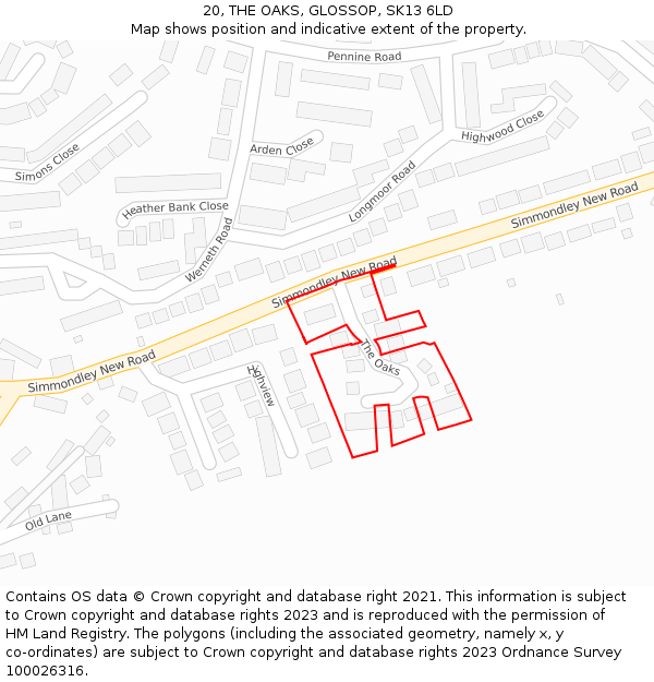 20, THE OAKS, GLOSSOP, SK13 6LD: Location map and indicative extent of plot