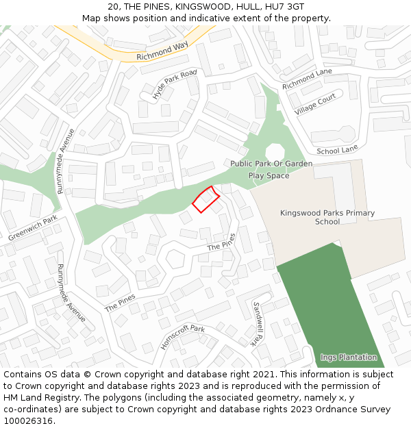 20, THE PINES, KINGSWOOD, HULL, HU7 3GT: Location map and indicative extent of plot