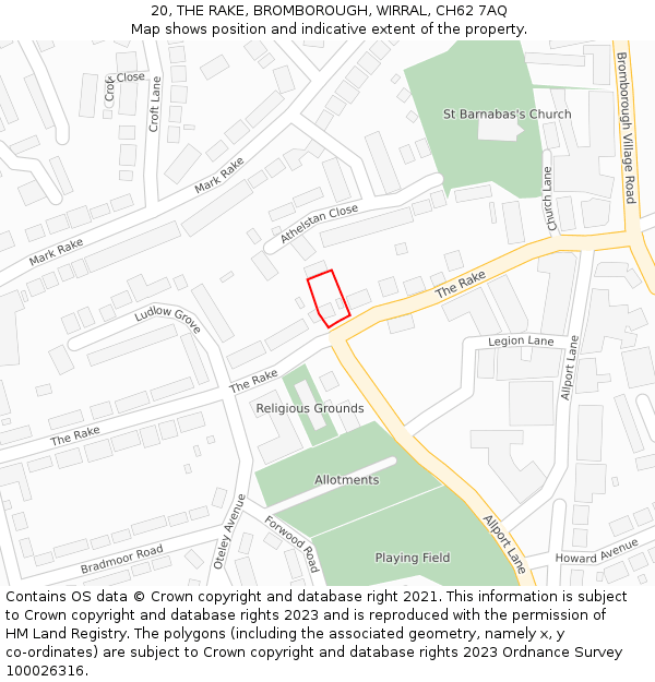 20, THE RAKE, BROMBOROUGH, WIRRAL, CH62 7AQ: Location map and indicative extent of plot