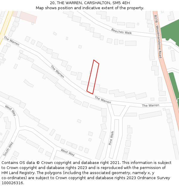 20, THE WARREN, CARSHALTON, SM5 4EH: Location map and indicative extent of plot