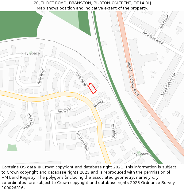 20, THRIFT ROAD, BRANSTON, BURTON-ON-TRENT, DE14 3LJ: Location map and indicative extent of plot