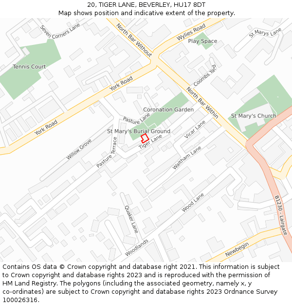 20, TIGER LANE, BEVERLEY, HU17 8DT: Location map and indicative extent of plot