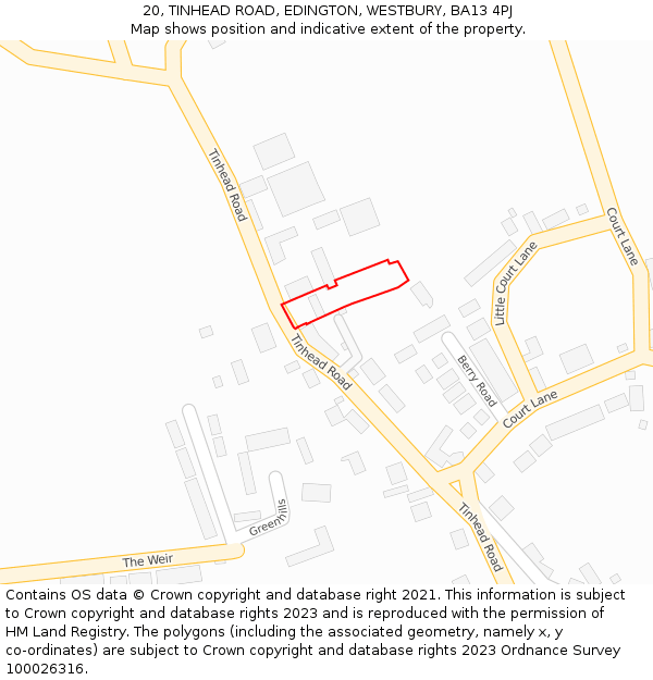 20, TINHEAD ROAD, EDINGTON, WESTBURY, BA13 4PJ: Location map and indicative extent of plot